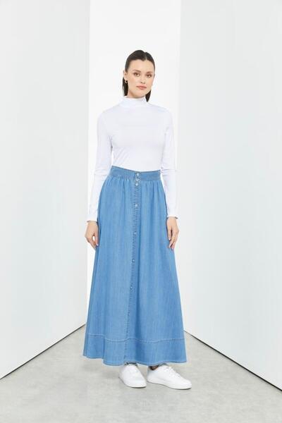 Doque 52012 ÖNDEN ETEK UCUNA KADAR DÜĞMELİ YANDAN FERMUARLI ETEK UCU DİKİŞ DETAYLI KOT ETEK #03-25#