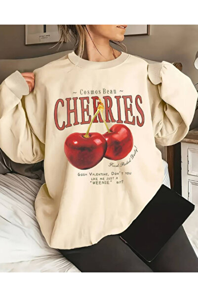 Harajuku Style Bej Oversize Confortabil, cu 3 fire, gros, de iarnă, cu imprim...