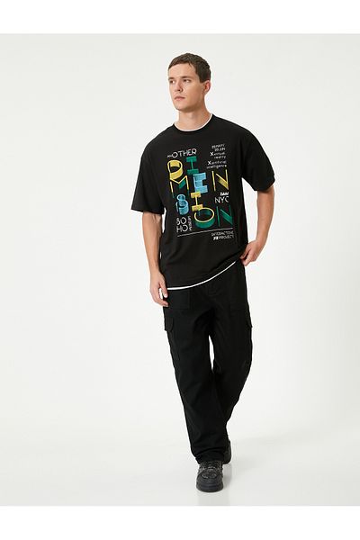 Koton Tricou oversize cu slogan imprimat cu decolteu rotund, mâneci scurte, bumbac cu detaliu de rever