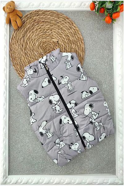 BEBENAZ Gray Happy Dog Pattern Pocket Inner Lining Zipper Children's down Vest