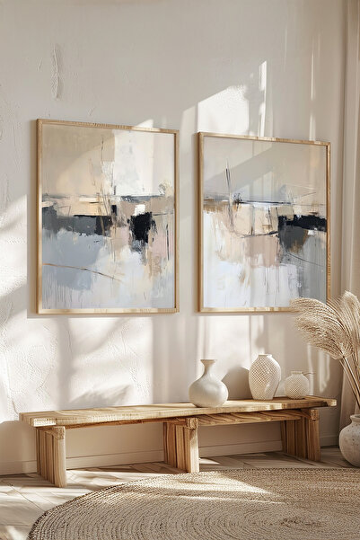 STARYUNA Pictură modernă abstractă cu efect de pictură în ulei, set de 2 picturi cu rame din lemn Yuna133