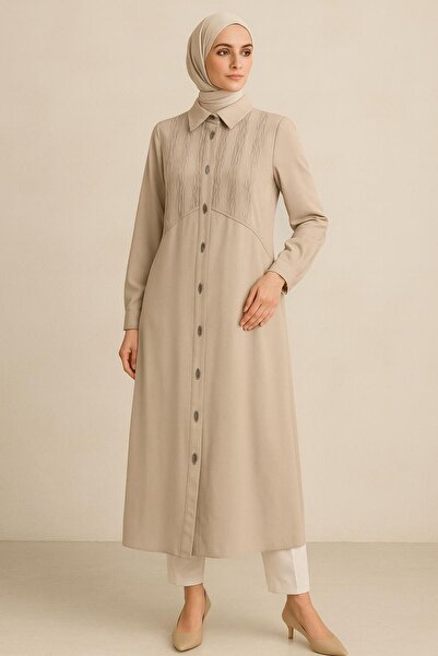 PERFECT 25153 GÖMLEK YAKA ÖNDEN ÇITÇIT KAPAMALI OMUZDAN YARIYA KADAR BÜZGÜ KUMAŞ DETAYLI UZUN TUNİK #06-25#