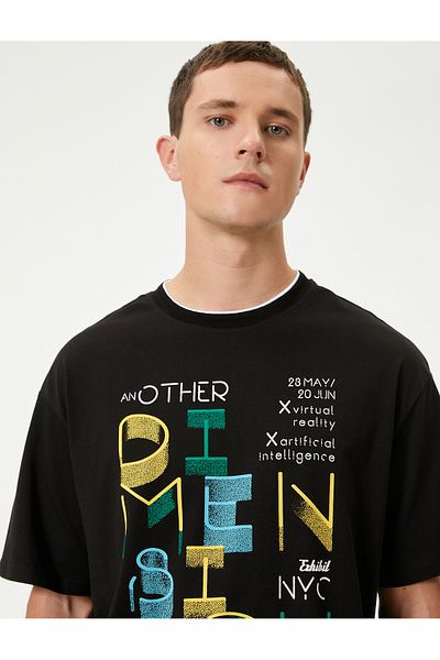 Koton Tricou oversize cu slogan imprimat cu decolteu rotund, mâneci scurte, bumbac cu detaliu de rever