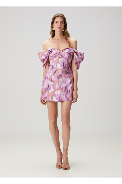 Urban Muse Dune Lila Desenli Mini Keten Elbise