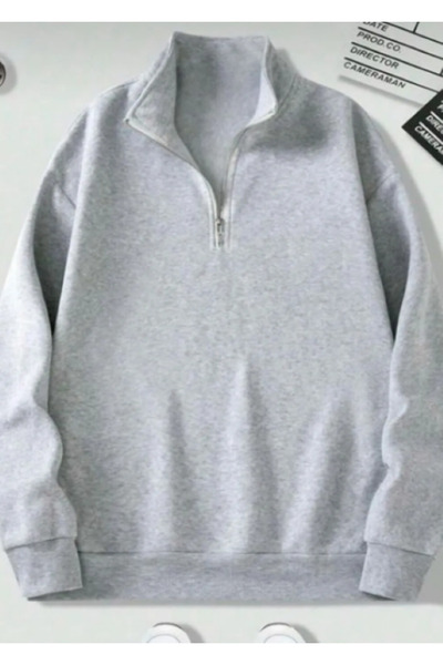 Harajuku Style Guler înalt gri cu jumătate de fermoar, unisex, de iarnă