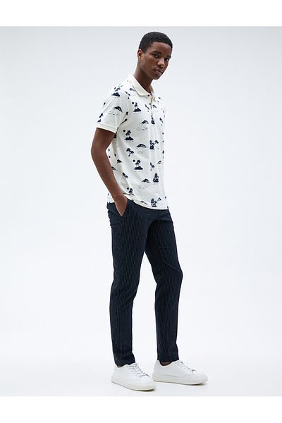 Koton Polo Neck T-Shirt Palm Printed Slim Fit Button Cotton