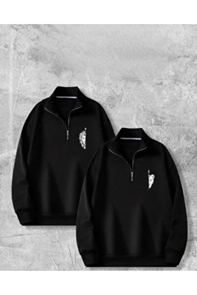 Harajuku Style Siyah Dişi ve Erkek Aslan Çiftler Sevgili Çift Kombini Dik Yak...