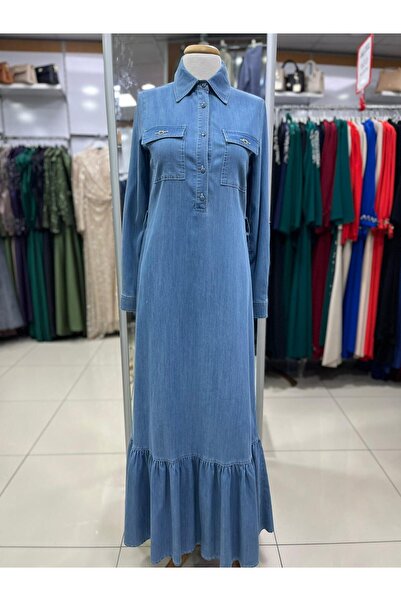 Doque 63018 ÖNDEN YARIM DÜĞMELİ ÇİFT CEPLİ CEP KAPAKÇIKLARI TAŞLI BELİ BAĞLAMALI KOT ELBİSE #03-25#