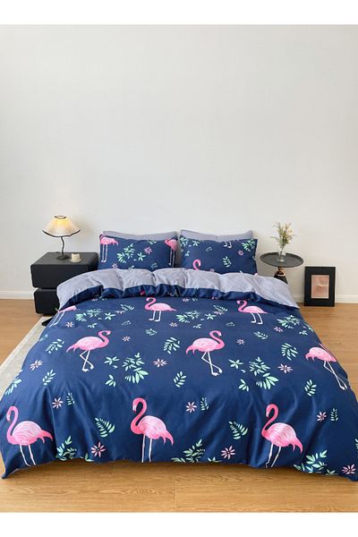LUNA HOME Single size, 4-piece beautiful pink flamingo design in a lovely shade of blue 160x210cm.