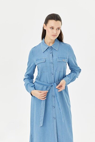 Doque 61053 ÖNÜ BOYDAN DÜĞMELİ ÖNÜ CEPLİ KOLU MANŞETLİ BELİ KEMERLİ TANSEL UZUN TUNİK #03-25#