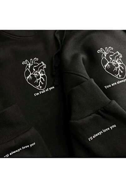 Harajuku Style Set de 2 hanorace negre unisex cu imprimeu inimă pentru cuplur...