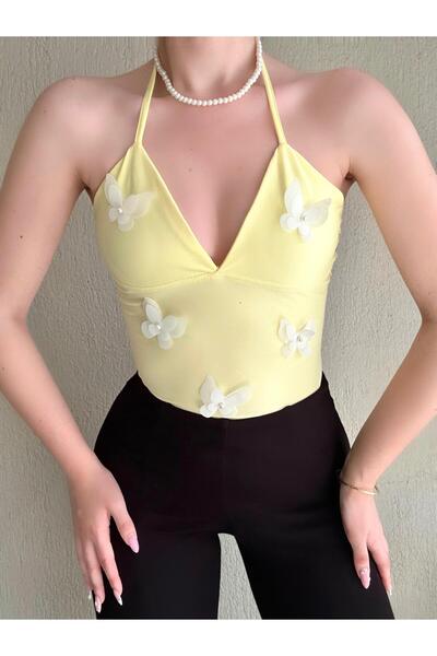 Doll Wear Butik Sarı Halter Yaka Kelebek Detaylı Boyundan Bağlamalı Crop Bluz