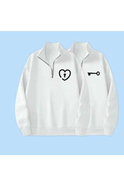 Harajuku Style Ecru 3 Thread Half Zipper Stand Collar Valentine's Day Special...