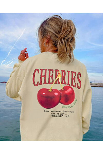 Harajuku Style Bej Oversize Confortabil, gros, de iarnă, cu imprimeu cu cireș...