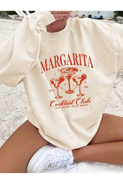 Harajuku Style Ecru Trend Cocktail Printed Comfortable Fit Crew Neck Oversize...