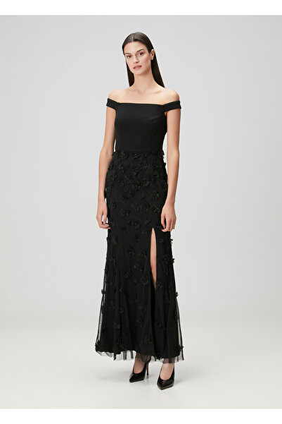 Aidan Mattox Siyah Çiçek Aplikeli Maksi Abiye Elbise
