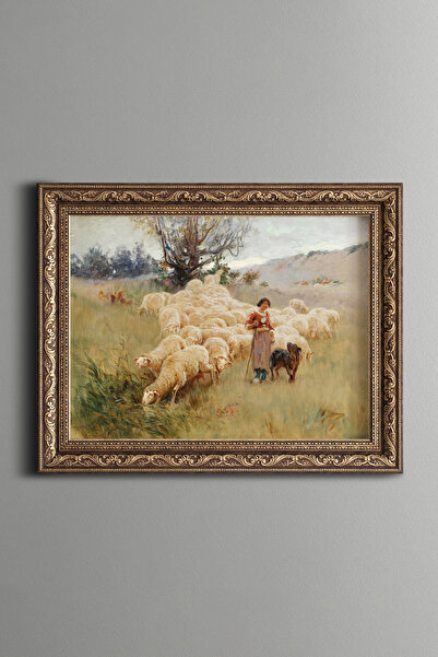 epiqart Kadın ve Koyun Sürüsü - Vintage Desenli Çerçeve