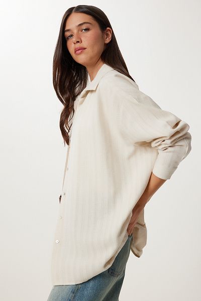 Lovelyİstanbul Cămașă de in oversize cu model LFG0052 CREAM
