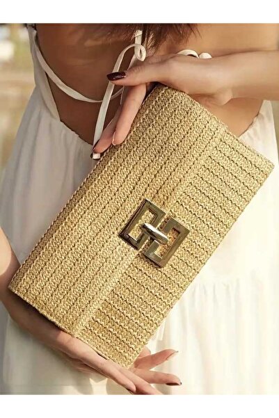 ÇANTA Bohemian Style Women's Portfolio & Clutch Bag Textured Beach Beige Knitted Design Straw Brown Handbag