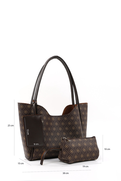 SHAKA Τσάντα χειρός και ώμου με μονόγραμμα καφέ στάμπα Shk108 με πορτοφόλι από συνθετικό δέρμα και τσάντα μακιγιάζ