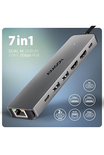 Axagon Hub USB-C 7 în 1 Axagon, Aluminiu, Dual 4K