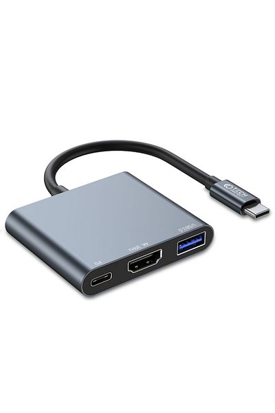 Tech-Protect Adaptor HUB aluminiu 3-în-1 V1, USB Tip-C - 1x USB 3.0, 1x USB Tip-C, 1x HDMI, Gri
