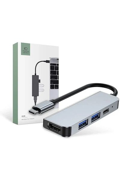 Tech-Protect Adaptor HUB aluminiu 4-în-1 V2 USB Tip-C - 2x USB 3.0, 1x USB Tip-C, 1x HDMI, Gri