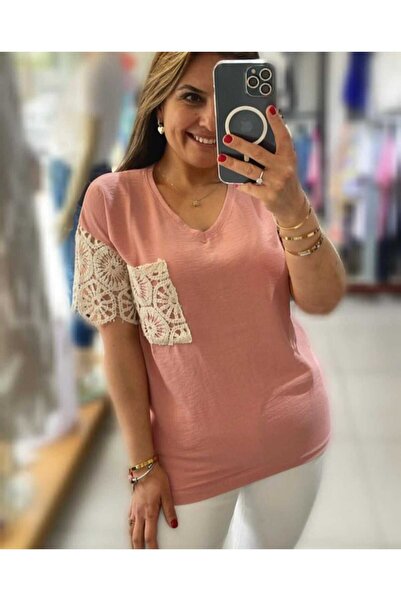 D LAVELLA ÖZGÜ GİYİM BUTİK kadın cep ve kolları dantel detaylı şık bluz