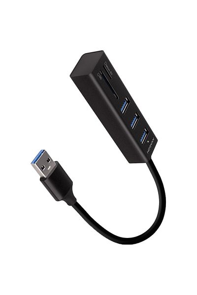 Axagon Hub USB HMA-CR3A, 3.2 Gen 2 cu 3 porturi USB-A și cititor de carduri SD/microSD, cablu de 20 cm, negru