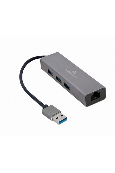 Gembird Hub, Gembird, USB 3.0, 3 porturi, port Gigabit, gri