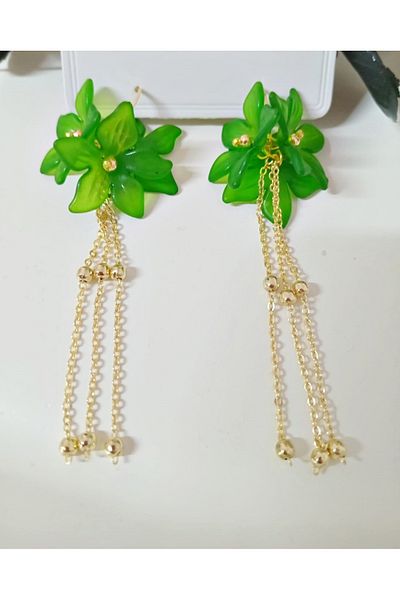 mos&more Dark Green Flower Gold Dangle Long Women's Earrings