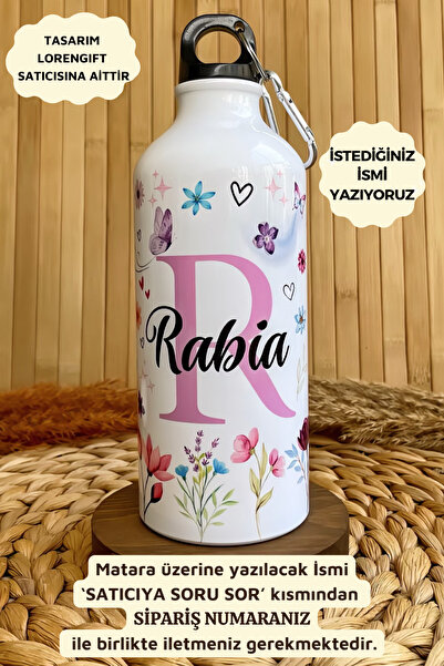 Loren Kişiye Özel İsimli Kancalı Alüminyum Suluk Matara Çiçek Fısıltısı 650 ml