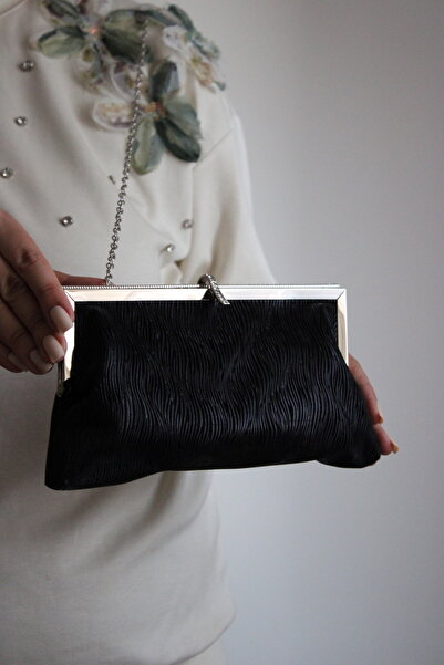 mossi Women's Black Wavy Metal Framed Edge Stone Detailed Chain Evening Dress Clutch Bag