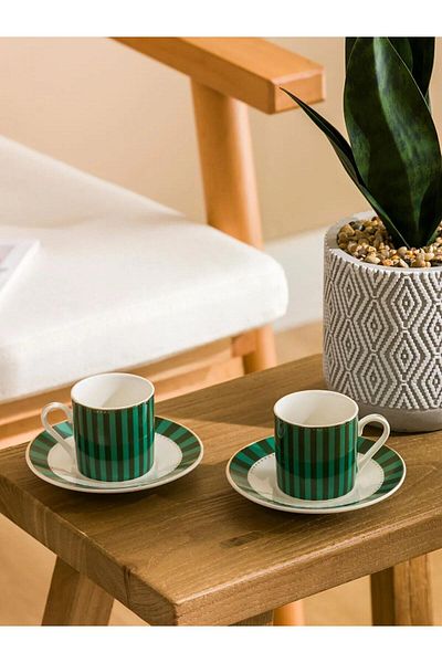 LC Waikiki Lcw Home Mixed Line Patterned Porcelain Coffee Cup Set for 2 Persons 90 ml (W5)