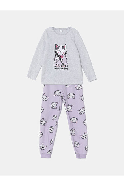 LC Waikiki LCW Kids Gri Melanj Bisiklet Yaka Polar Kız Çocuk Pijama Takımı