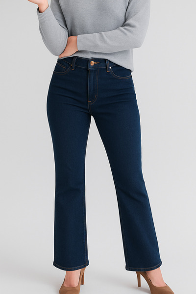 DELDNM Sasha Koyu Mavi Siyah Yüksek Bel Likralı Flare İspanyol Paça Jean Pantolon