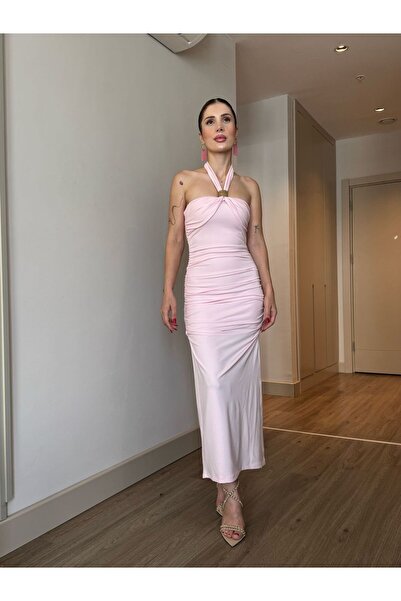 YK FASHION Halter Yaka Broş Detaylı Elbise