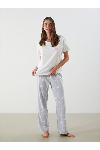 LC Waikiki Set pijamale pentru damă cu decolteu rotund imprimat inimă