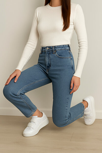 DELDNM Evla Snow Blue Pantaloni de blugi din bumbac Lycra pentru femei Mom Je...