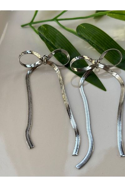 Blotch Italian Chain Steel Bow Earrings Silver 4X9 cm