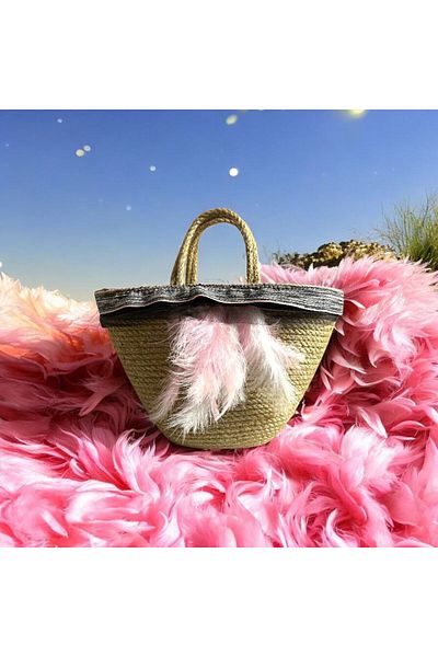 AYŞE SERHOŞOĞLU HOME DESİGN Straw Bag, Handbag, Designer Bag, Pink and White Feather Bag