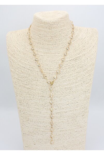 KALLAVİ Şeffaf Taş Kalp Detaylı Y Form Gold Bijuteri Kolye