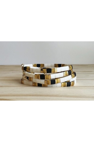 Mojo Jewellery White Black Gold Colored Tila Bracelet – Handmade Modern Design Women's Bracelet