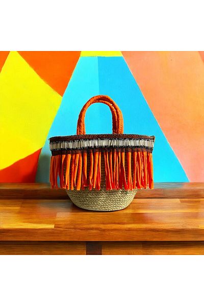 AYŞE SERHOŞOĞLU HOME DESİGN Straw Bag, Handbag, Designer Bag, Orange Tassel Bag