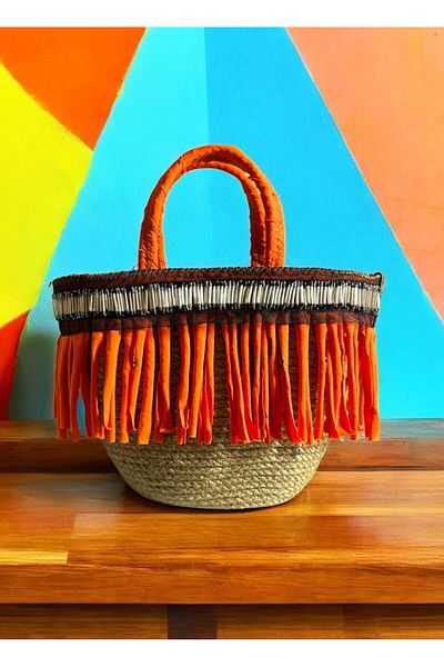 AYŞE SERHOŞOĞLU HOME DESİGN Straw Bag, Handbag, Designer Bag, Orange Tassel Bag