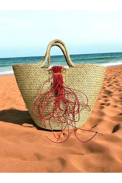 AYŞE SERHOŞOĞLU HOME DESİGN Straw Bag, Handbag, Designer Bag, Red Rope Detailed Bag