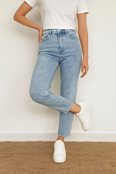 DELDNM Evla Ice Blue Women's Mom Jean High Waist Lycra Cotton Jeans