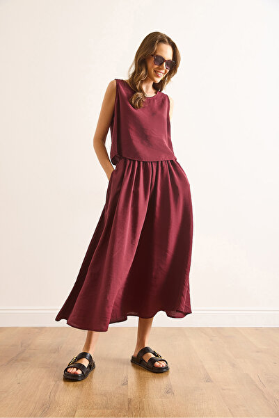 Olalook Women's Burgundy Top Blouse Bottom Pocket Skirt Soft Textured Suit Tkm-19000414