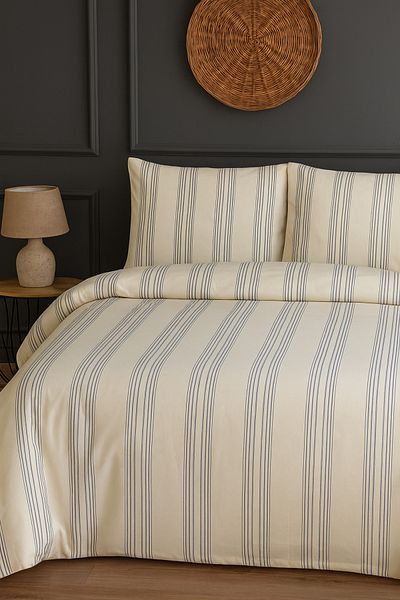 CollessiaHome 100% Cotton Linen Striped Double Duvet Cover Set