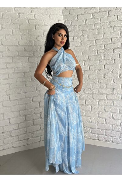 moneta boutique Women's Shawl Pattern Crop and Skirt Set